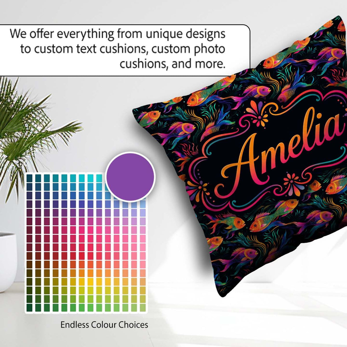 Custom Name Rainbow Fish with Flowing Seaweed on Dark Background Square Filled Cushion Throw Pillow Sofa Bed Home Decor Zip Washable UK Made