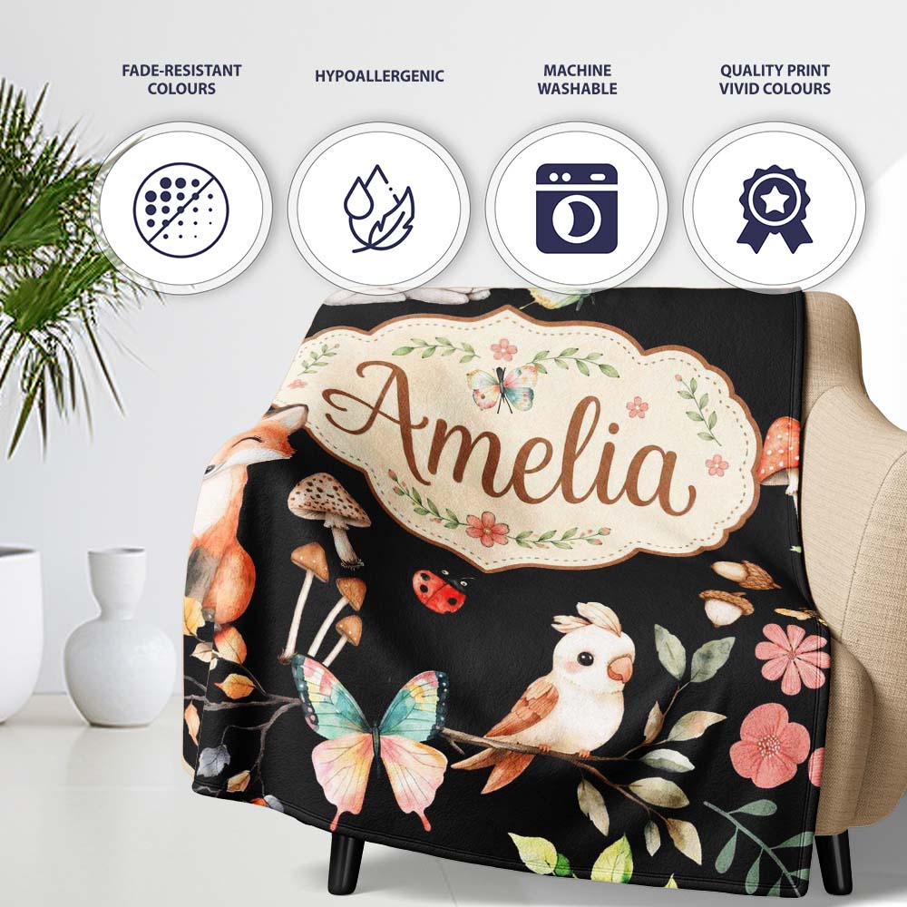 Watercolour Woodland Animals with Bunny Fox and Butterflies Pattern Personalised Custom Name Super Soft Fleece Blanket Bed Sofa Throw