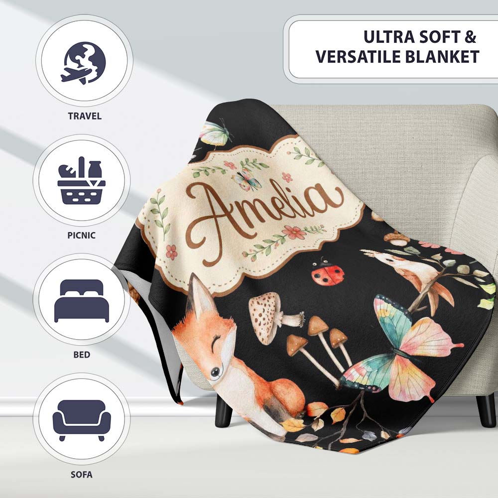 Watercolour Woodland Animals with Bunny Fox and Butterflies Pattern Personalised Custom Name Super Soft Fleece Blanket Bed Sofa Throw