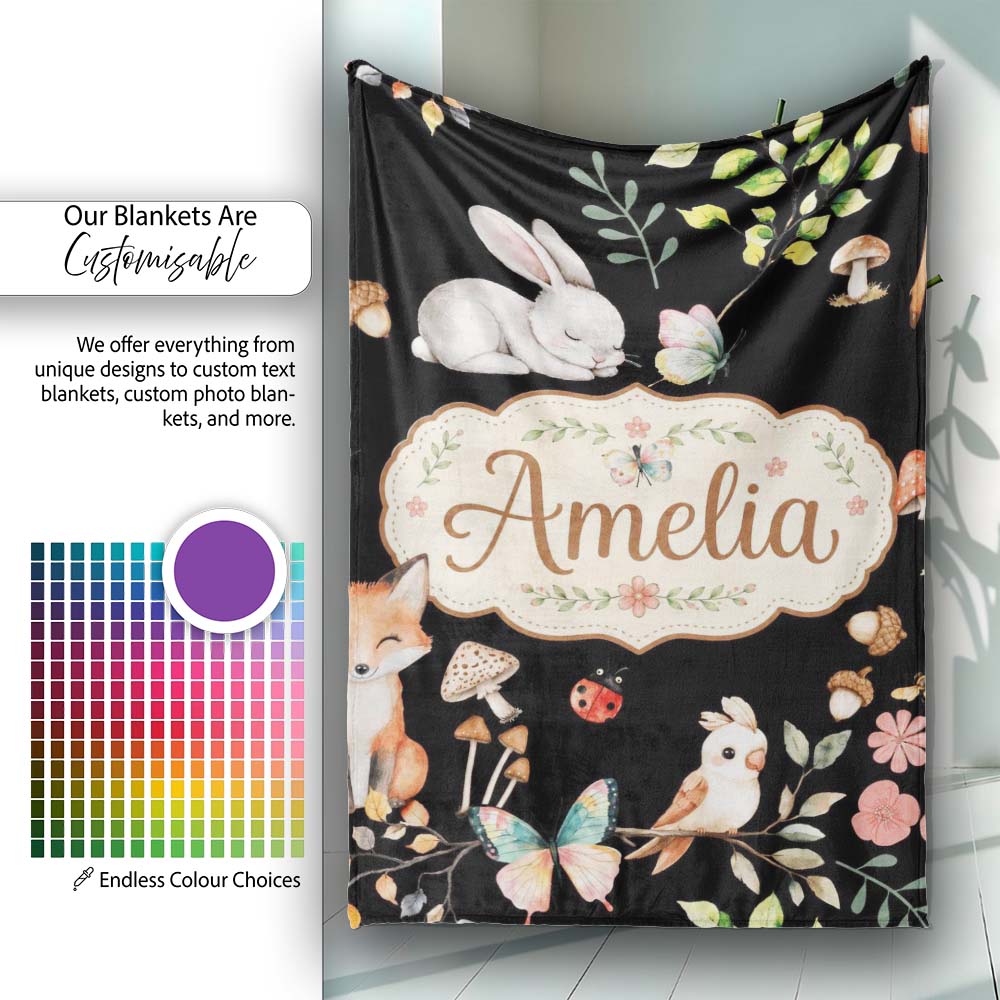 Watercolour Woodland Animals with Bunny Fox and Butterflies Pattern Personalised Custom Name Super Soft Fleece Blanket Bed Sofa Throw