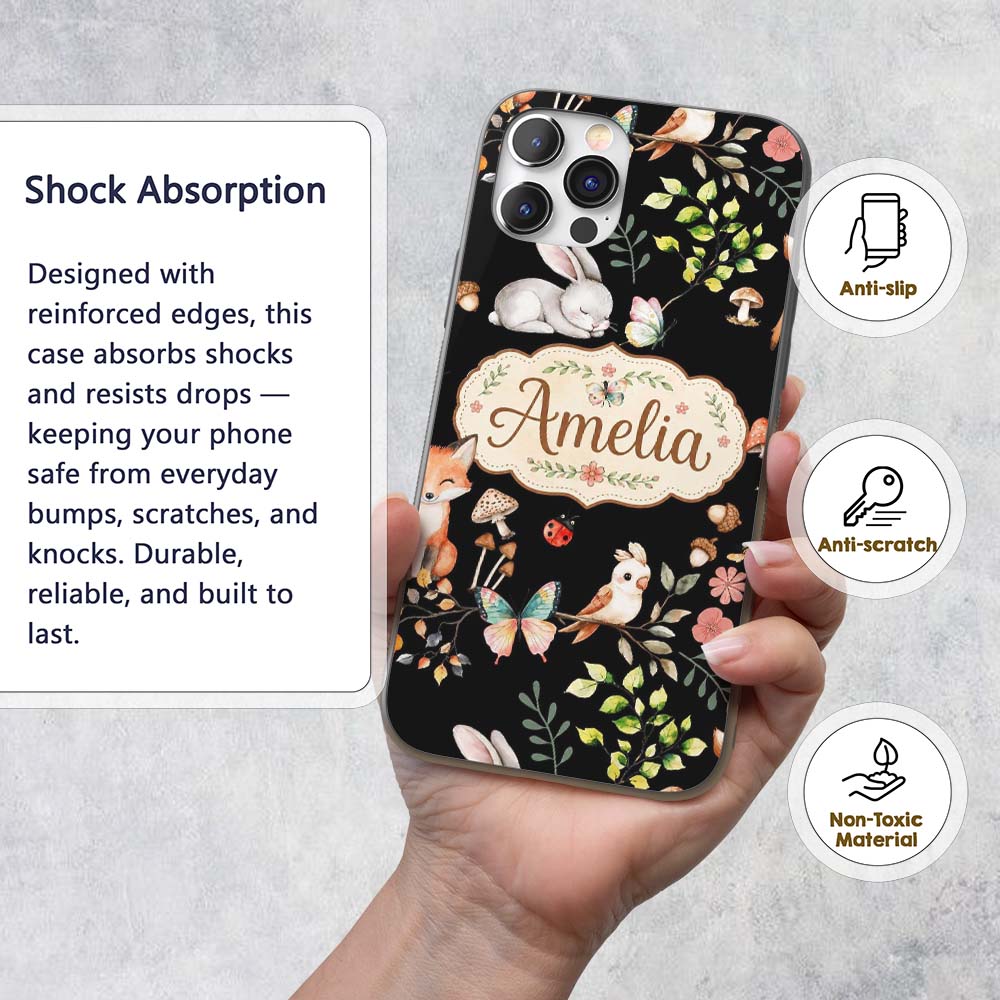 Watercolour Woodland Animals with Bunny Fox and Custom Name Protective Phone Case Mobile Cover Durable Everyday Smartphone Shock Resistant