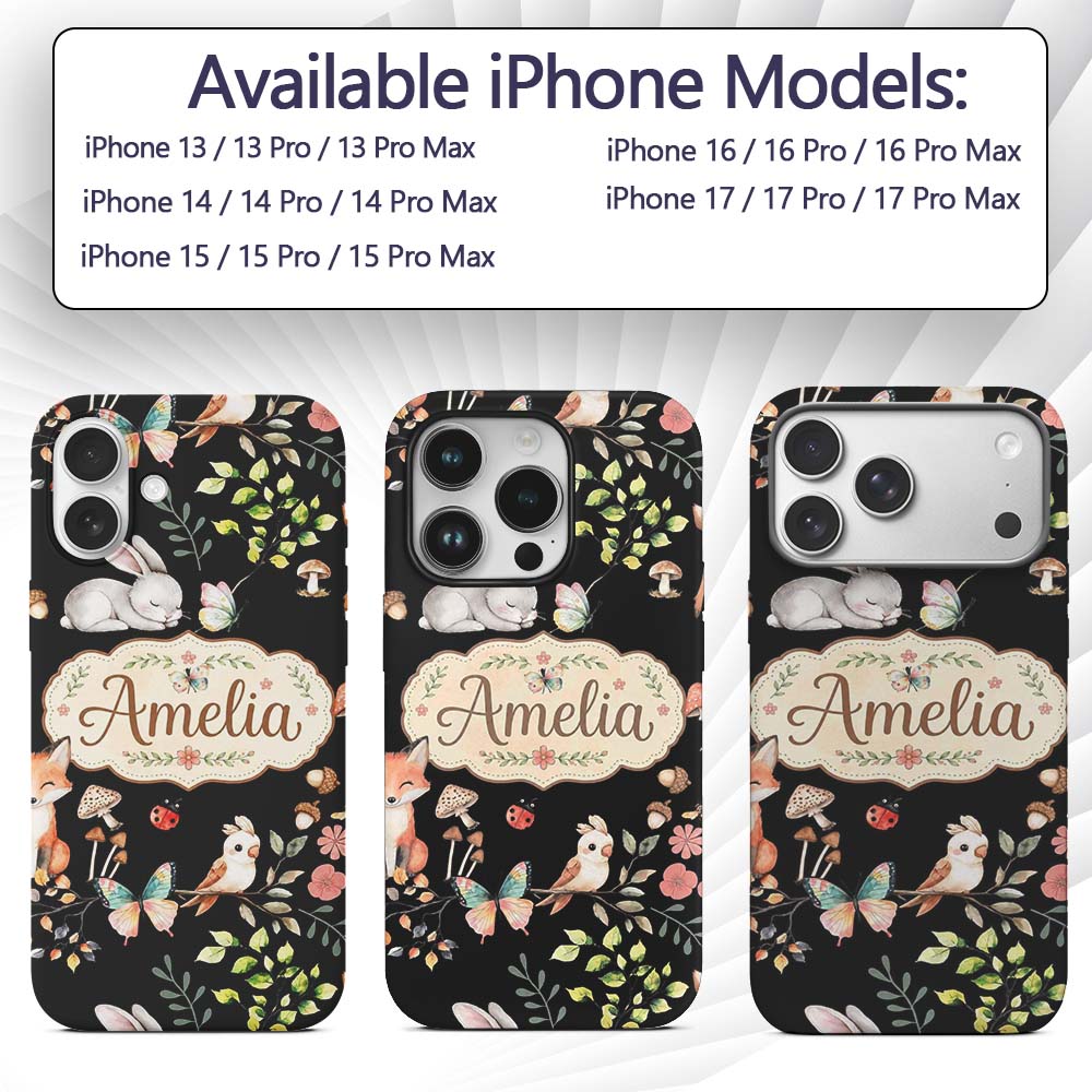 Watercolour Woodland Animals with Bunny Fox and Custom Name Protective Phone Case Mobile Cover Durable Everyday Smartphone Shock Resistant