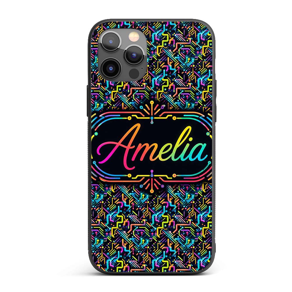 Neon Circuit Board Lines Abstract Technology Custom Name Protective Phone Case Mobile Cover Durable Everyday Smartphone Shock Resistant