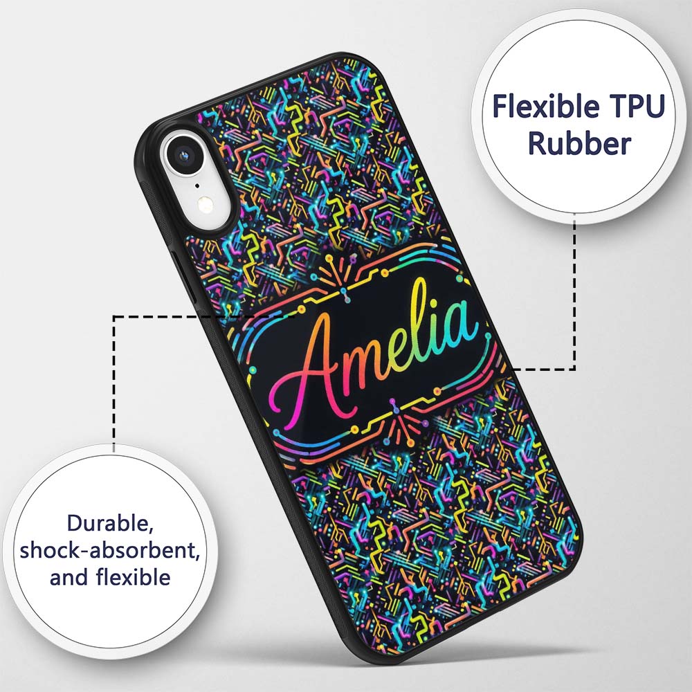 Neon Circuit Board Lines Abstract Technology Custom Name Protective Phone Case Mobile Cover Durable Everyday Smartphone Shock Resistant