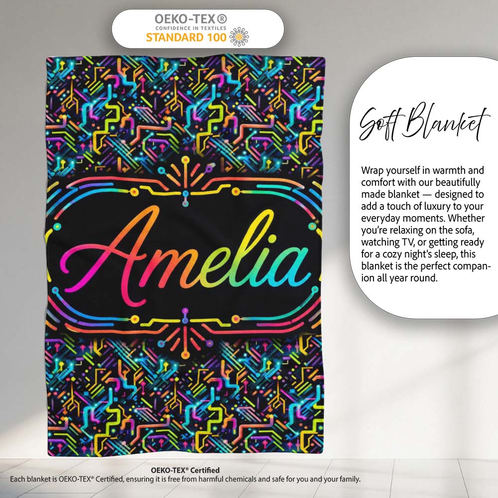 Neon Circuit Board Lines Abstract Technology Pattern on Dark Lovely Personalised Custom Name Super Soft Fleece Blanket Bed Sofa Throw