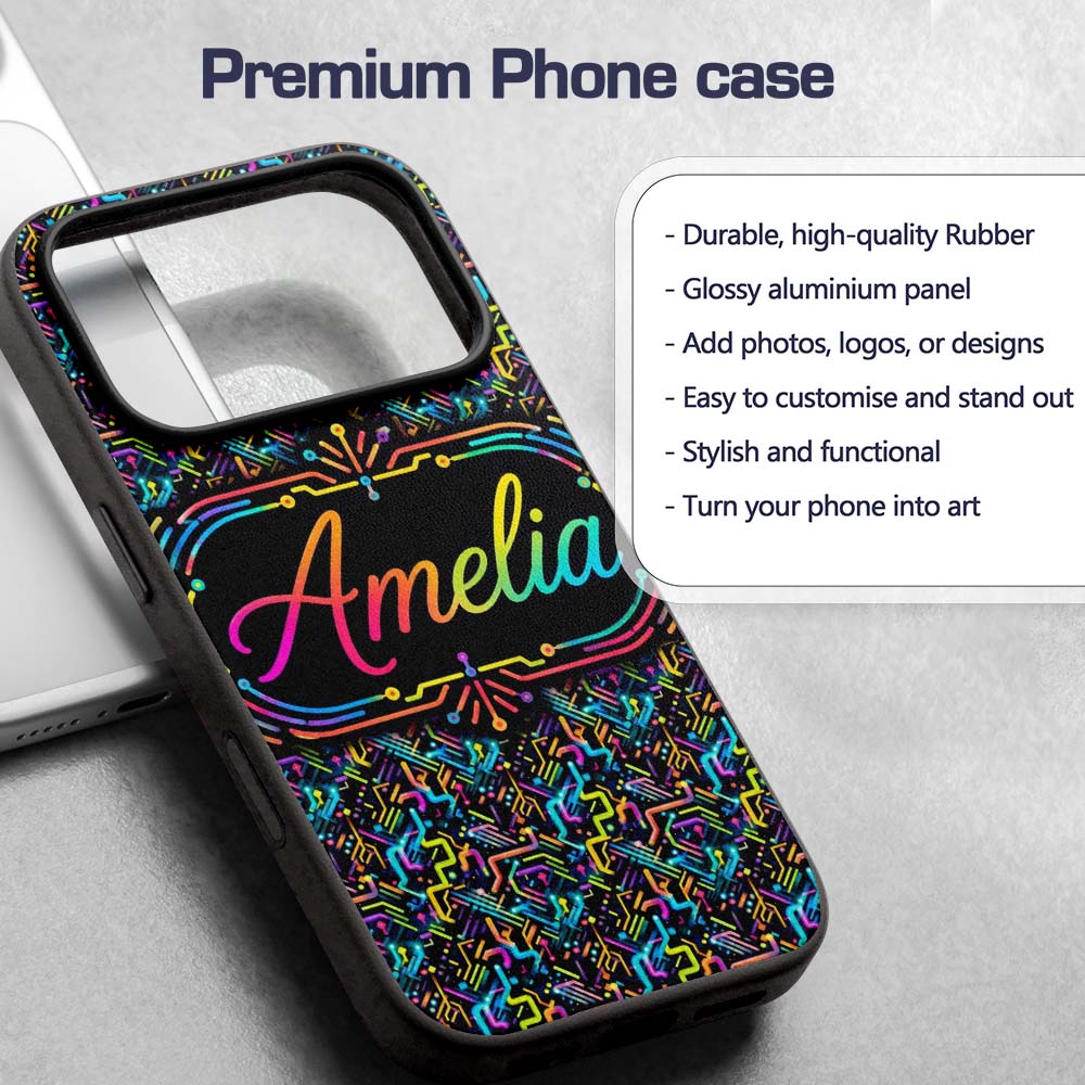 Neon Circuit Board Lines Abstract Technology Custom Name Protective Phone Case Mobile Cover Durable Everyday Smartphone Shock Resistant