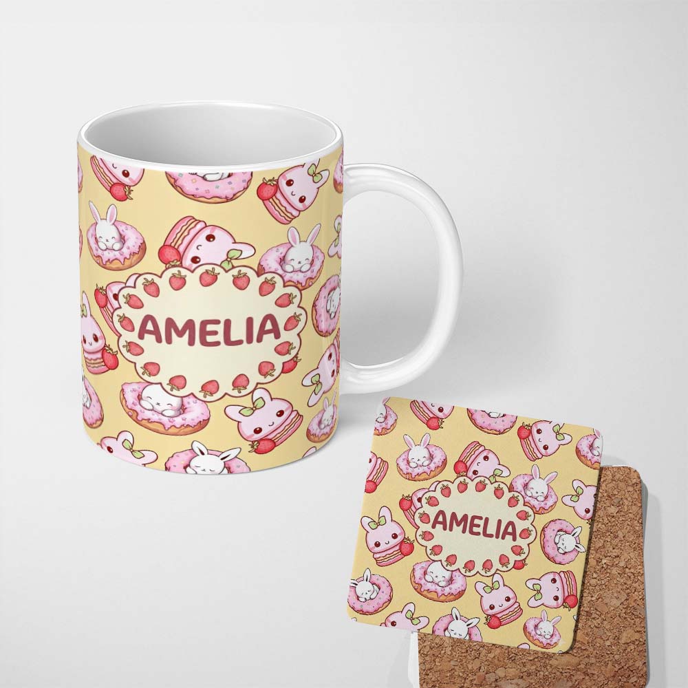 Personalized Custom Name Cute Kawaii Bunny Donuts Strawberry Dessert Pattern Pastel Yellow 11oz Ceramic Coffee Tea Mug White Large Handle