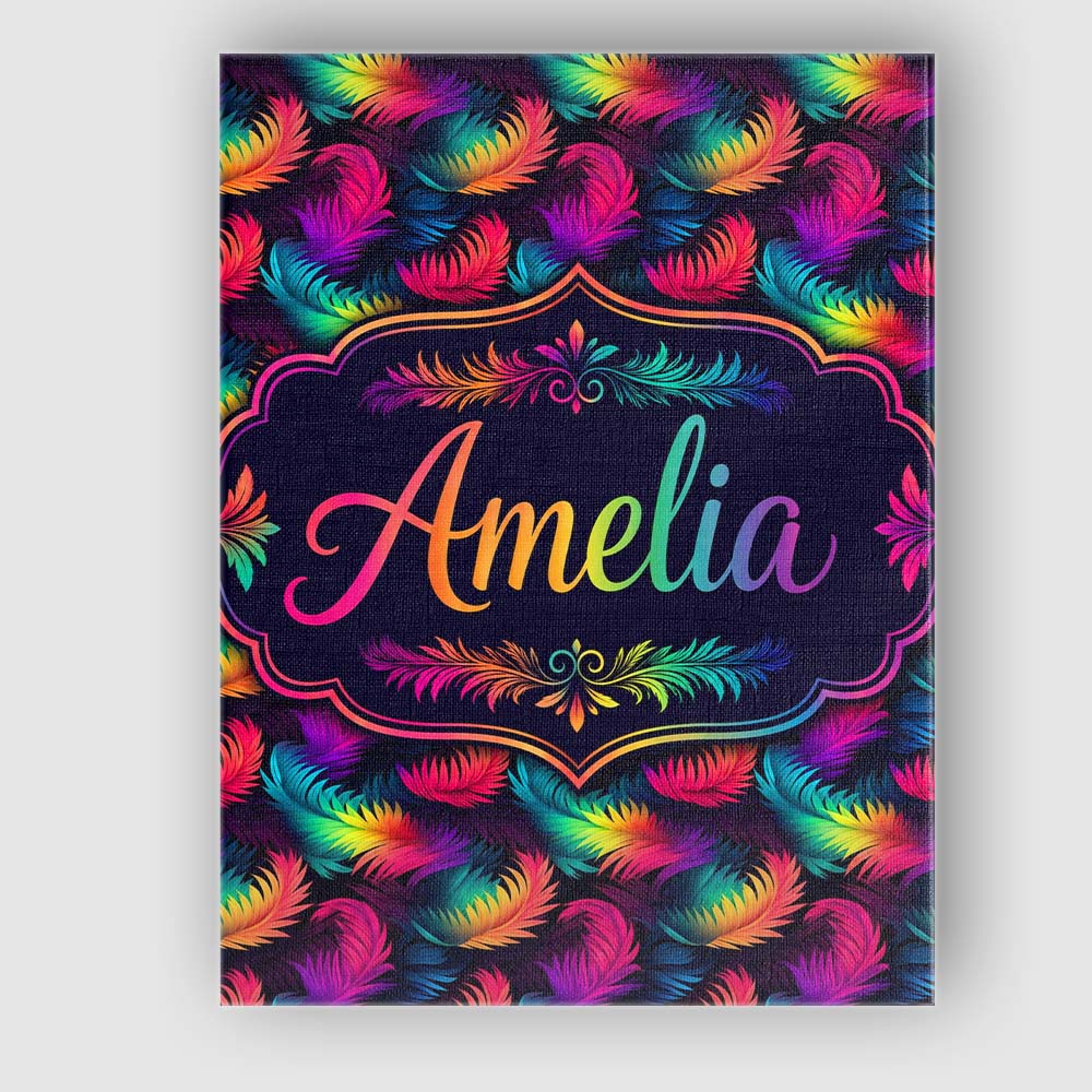 Personalised Name Vibrant Rainbow Feather Custom Unique Gift Idea Elegant Feature Canvas Wall Art Print Decor Picture Ready to Hang