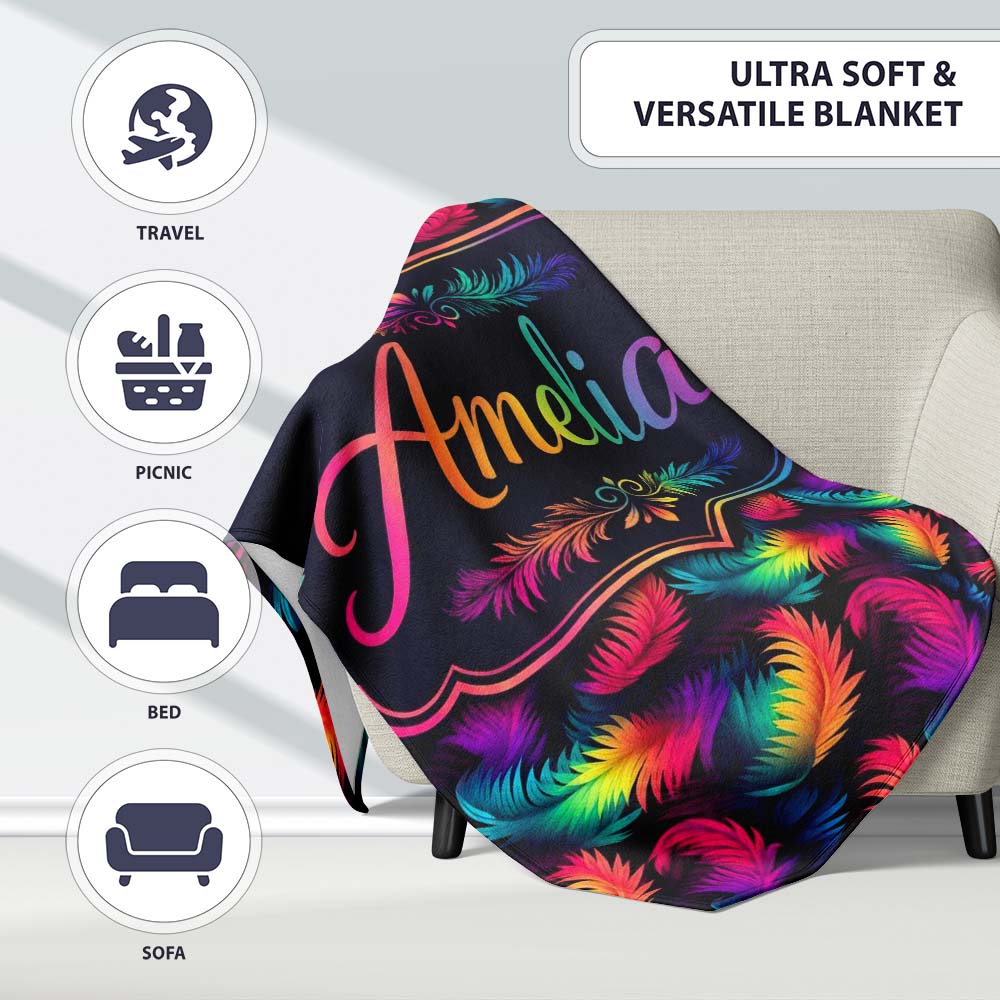 Vibrant Rainbow Feather Pattern on Black Background Seamless Lovely Personalised Custom Name Super Soft Fleece Blanket Bed Sofa Throw