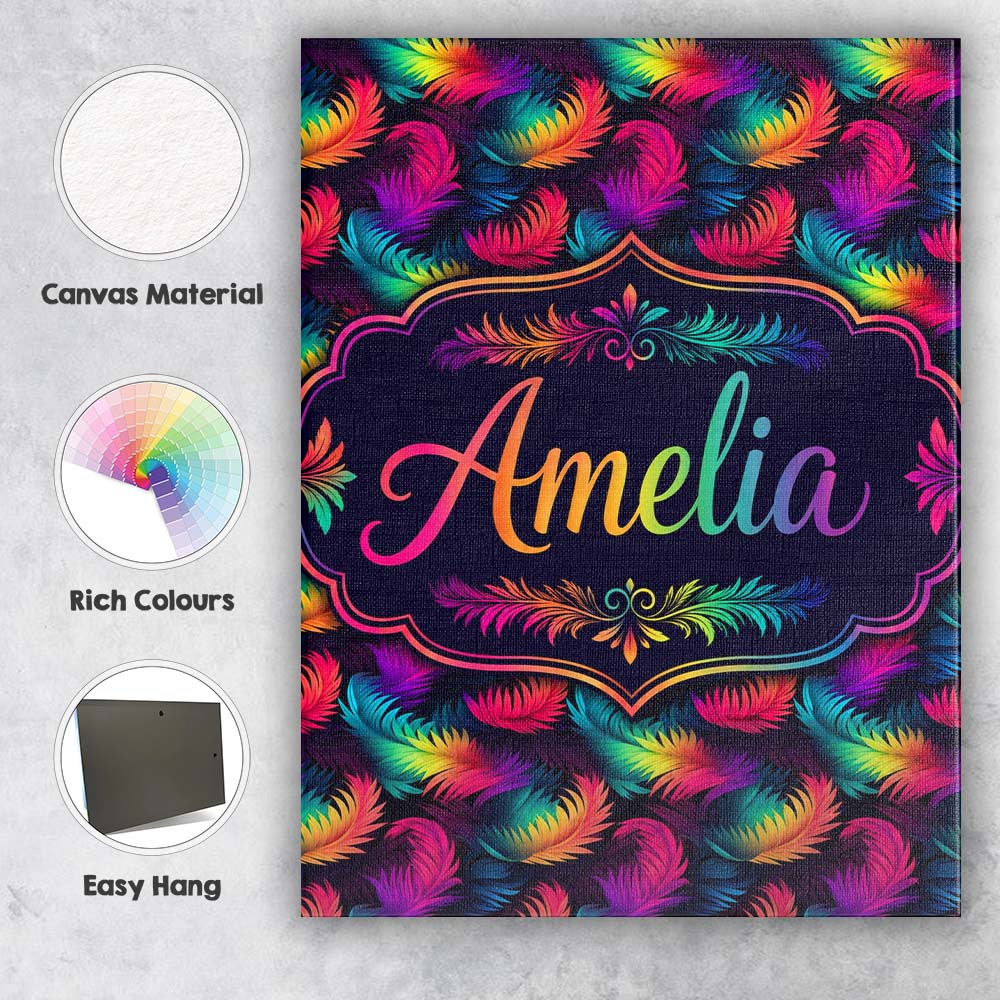 Personalised Name Vibrant Rainbow Feather Custom Unique Gift Idea Elegant Feature Canvas Wall Art Print Decor Picture Ready to Hang