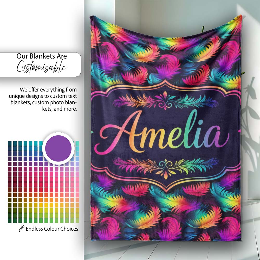 Vibrant Rainbow Feather Pattern on Black Background Seamless Lovely Personalised Custom Name Super Soft Fleece Blanket Bed Sofa Throw