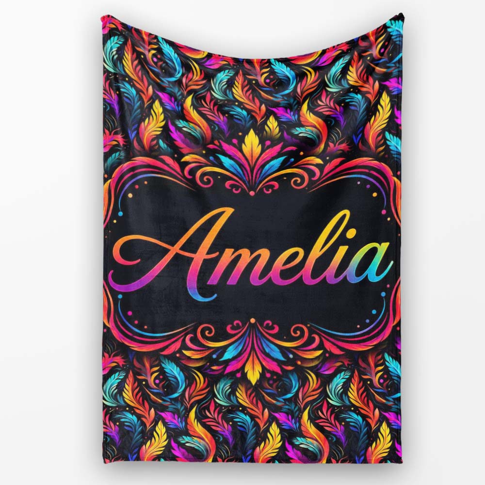 Colorful Tropical Feather Leaves on Black Background Seamless Exotic Personalised Custom Name Super Soft Fleece Blanket Bed Sofa Throw