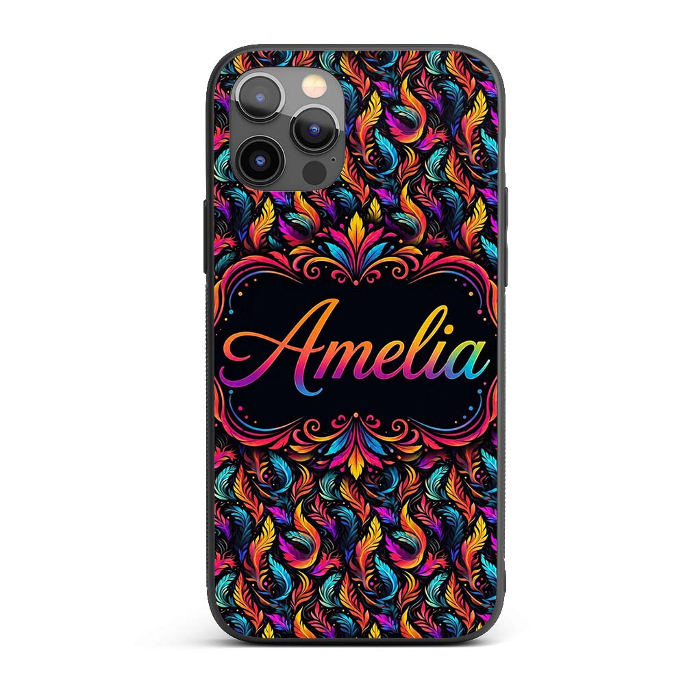 Colorful Tropical Feather Leaves Printed Design Custom Name Protective Phone Case Mobile Cover Durable Everyday Smartphone Shock Resistant
