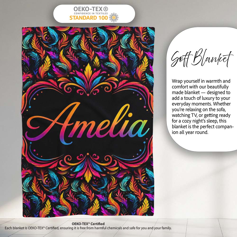 Colorful Tropical Feather Leaves on Black Background Seamless Exotic Personalised Custom Name Super Soft Fleece Blanket Bed Sofa Throw