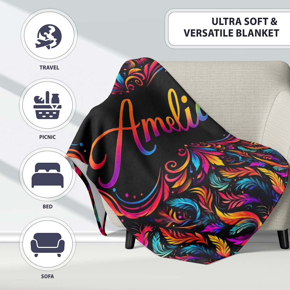 Colorful Tropical Feather Leaves on Black Background Seamless Exotic Personalised Custom Name Super Soft Fleece Blanket Bed Sofa Throw