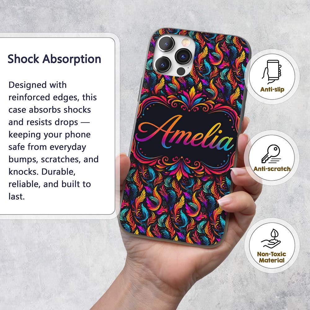 Colorful Tropical Feather Leaves Printed Design Custom Name Protective Phone Case Mobile Cover Durable Everyday Smartphone Shock Resistant