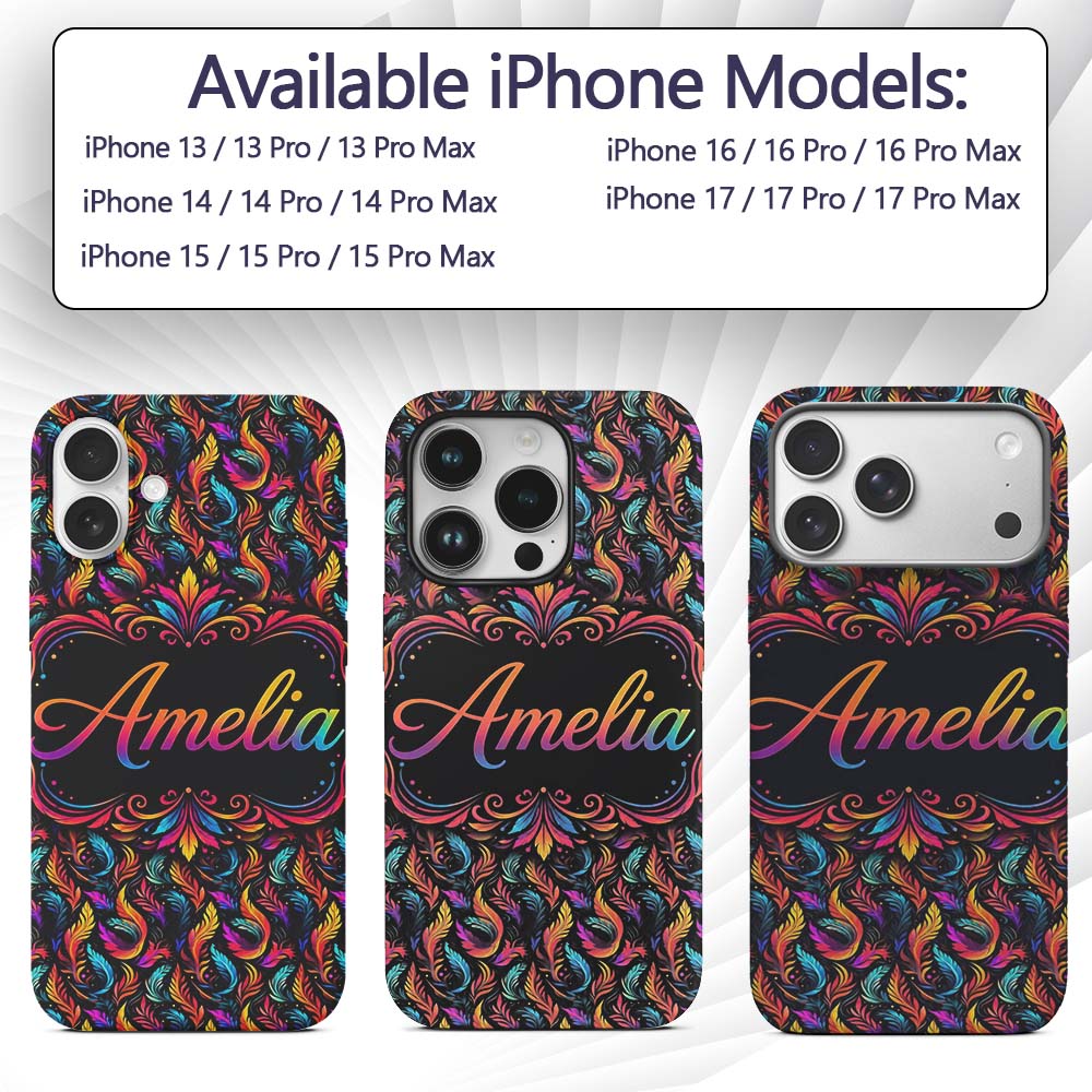 Colorful Tropical Feather Leaves Printed Design Custom Name Protective Phone Case Mobile Cover Durable Everyday Smartphone Shock Resistant