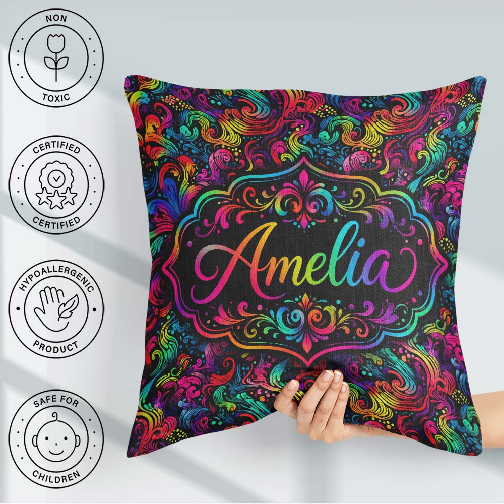 Custom Name Psychedelic Rainbow Wave Swirl Pattern on Background Square Filled Cushion Throw Pillow Sofa Bed Home Decor Zip Washable UK Made