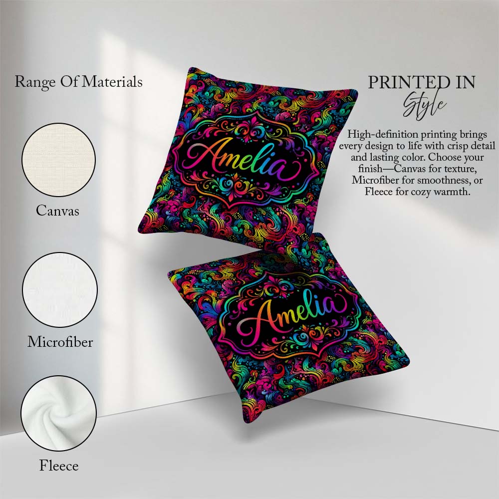 Custom Name Psychedelic Rainbow Wave Swirl Pattern on Background Square Filled Cushion Throw Pillow Sofa Bed Home Decor Zip Washable UK Made