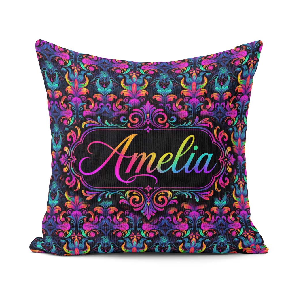 Custom Name Vibrant Neon Baroque Floral Damask Seamless Pattern Square Filled Cushion Throw Pillow Sofa Bed Home Decor Zip Washable UK Made