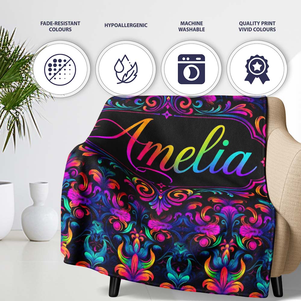 Vibrant Neon Baroque Floral Damask Seamless Pattern Cute Unique Gift Personalised Custom Name Super Soft Fleece Blanket Bed Sofa Throw
