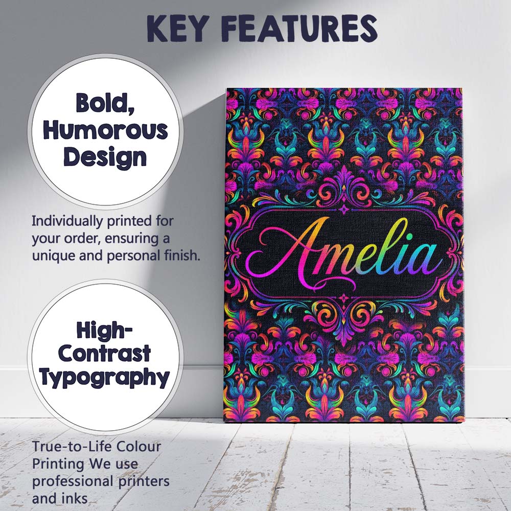Personalised Name Vibrant Neon Baroque Custom Modern Room Accent Elegant Feature Canvas Wall Art Print Decor Picture Ready to Hang