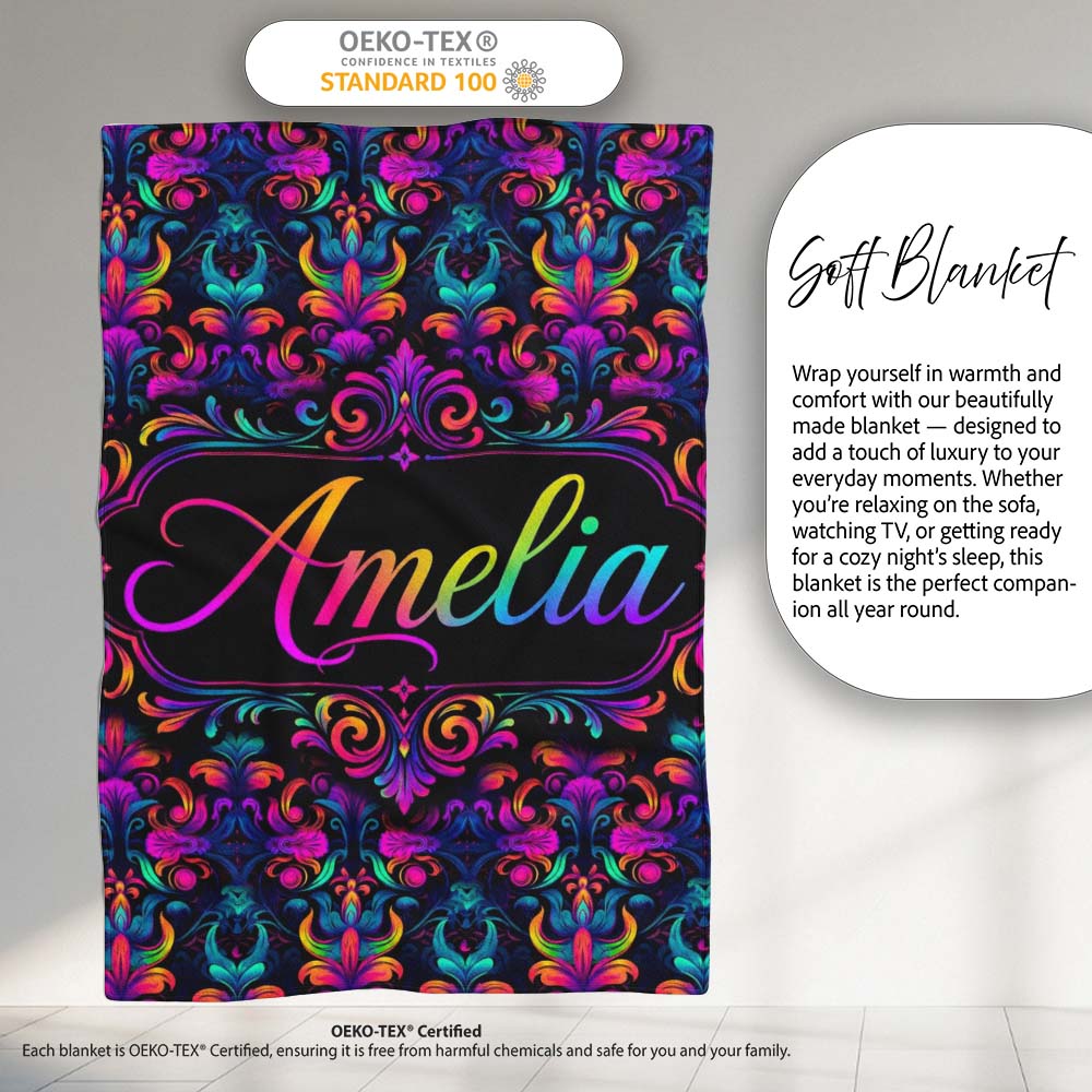 Vibrant Neon Baroque Floral Damask Seamless Pattern Cute Unique Gift Personalised Custom Name Super Soft Fleece Blanket Bed Sofa Throw