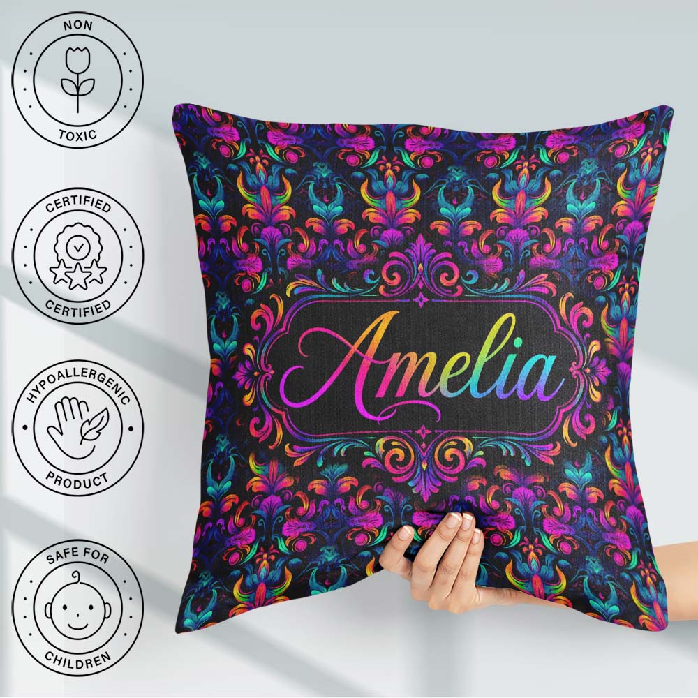 Custom Name Vibrant Neon Baroque Floral Damask Seamless Pattern Square Filled Cushion Throw Pillow Sofa Bed Home Decor Zip Washable UK Made