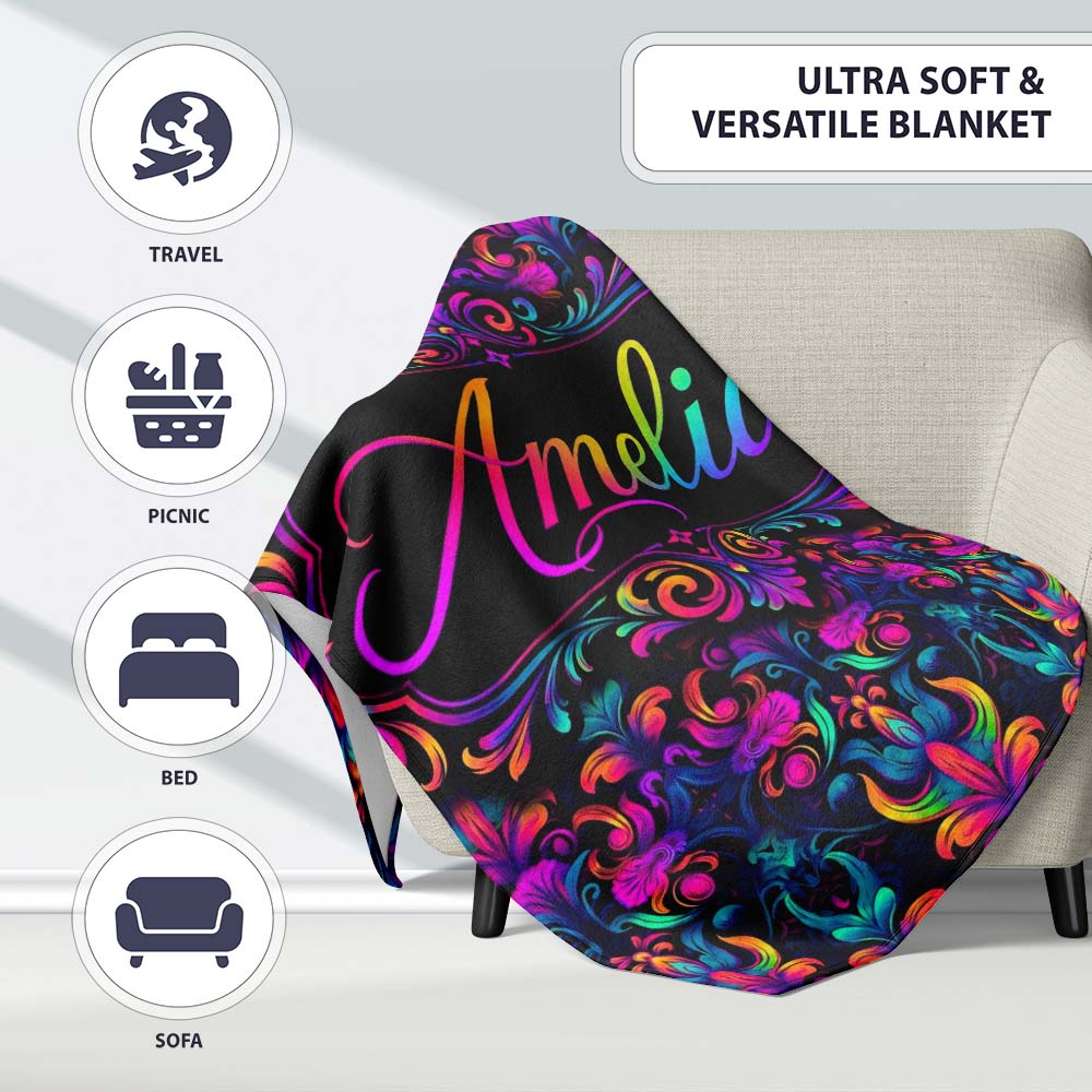 Vibrant Neon Baroque Floral Damask Seamless Pattern Cute Unique Gift Personalised Custom Name Super Soft Fleece Blanket Bed Sofa Throw