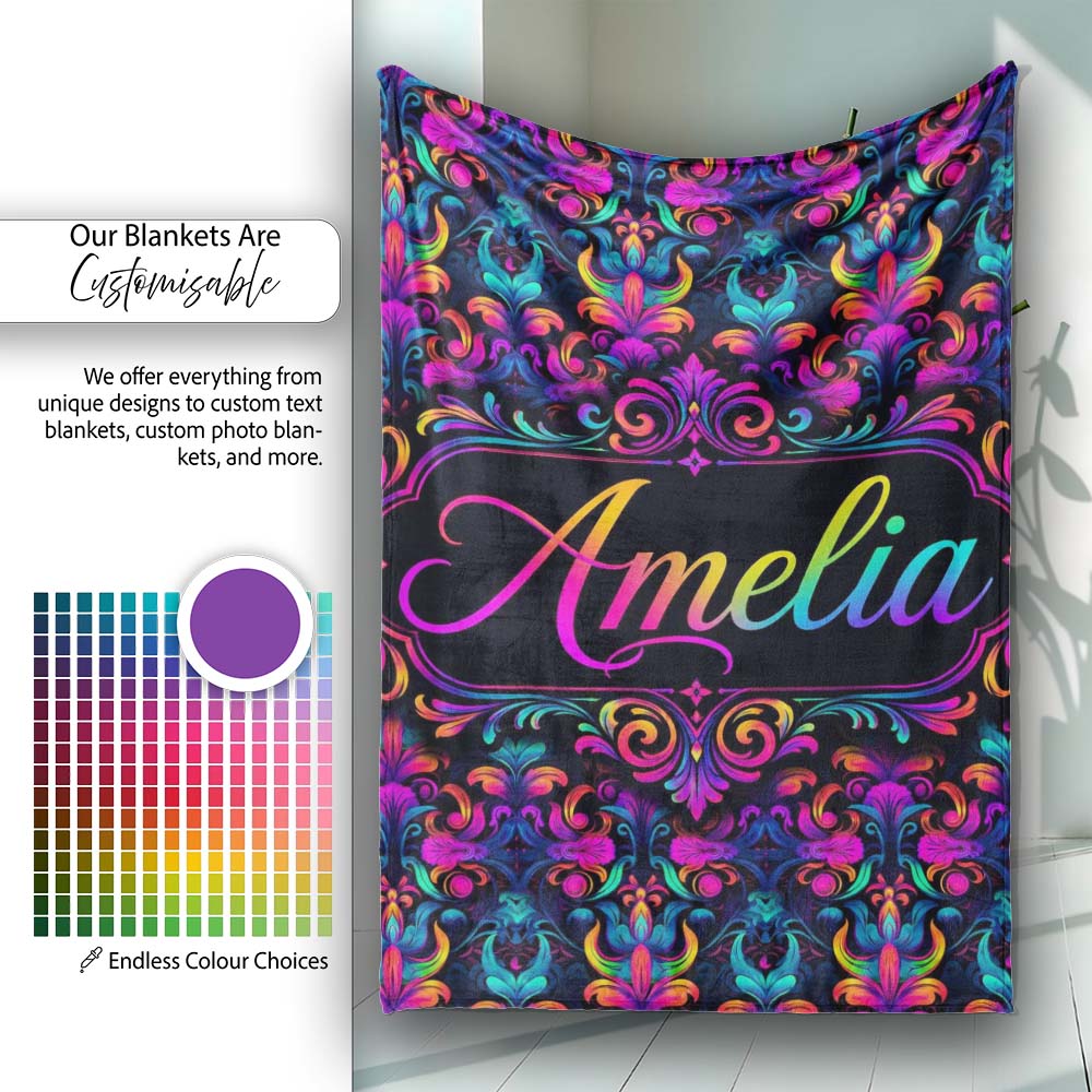 Vibrant Neon Baroque Floral Damask Seamless Pattern Cute Unique Gift Personalised Custom Name Super Soft Fleece Blanket Bed Sofa Throw