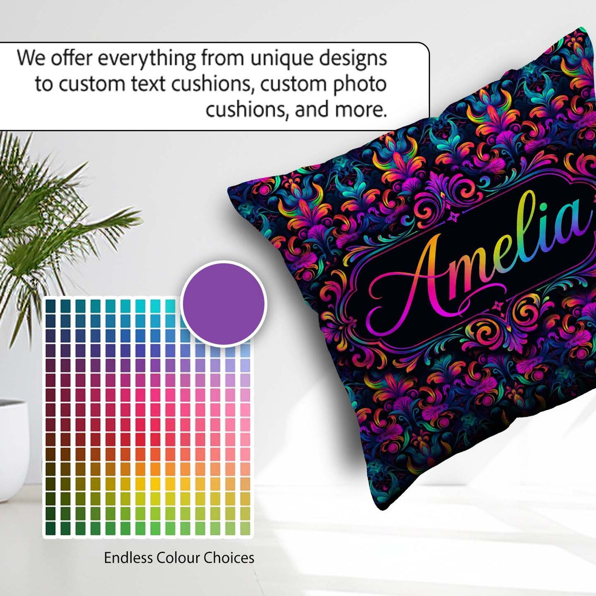 Custom Name Vibrant Neon Baroque Floral Damask Seamless Pattern Square Filled Cushion Throw Pillow Sofa Bed Home Decor Zip Washable UK Made