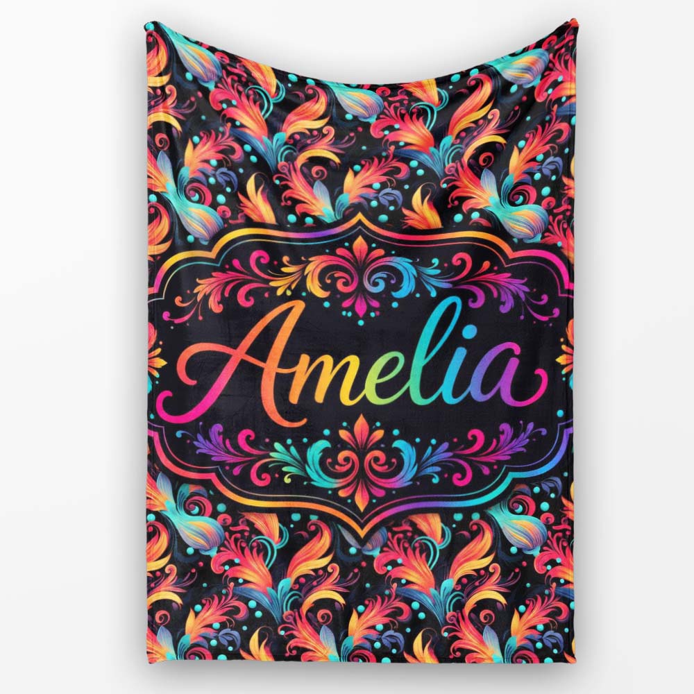 Colorful Abstract Feather Swirl Seamless Pattern on Dark Background Personalised Custom Name Super Soft Fleece Blanket Bed Sofa Throw