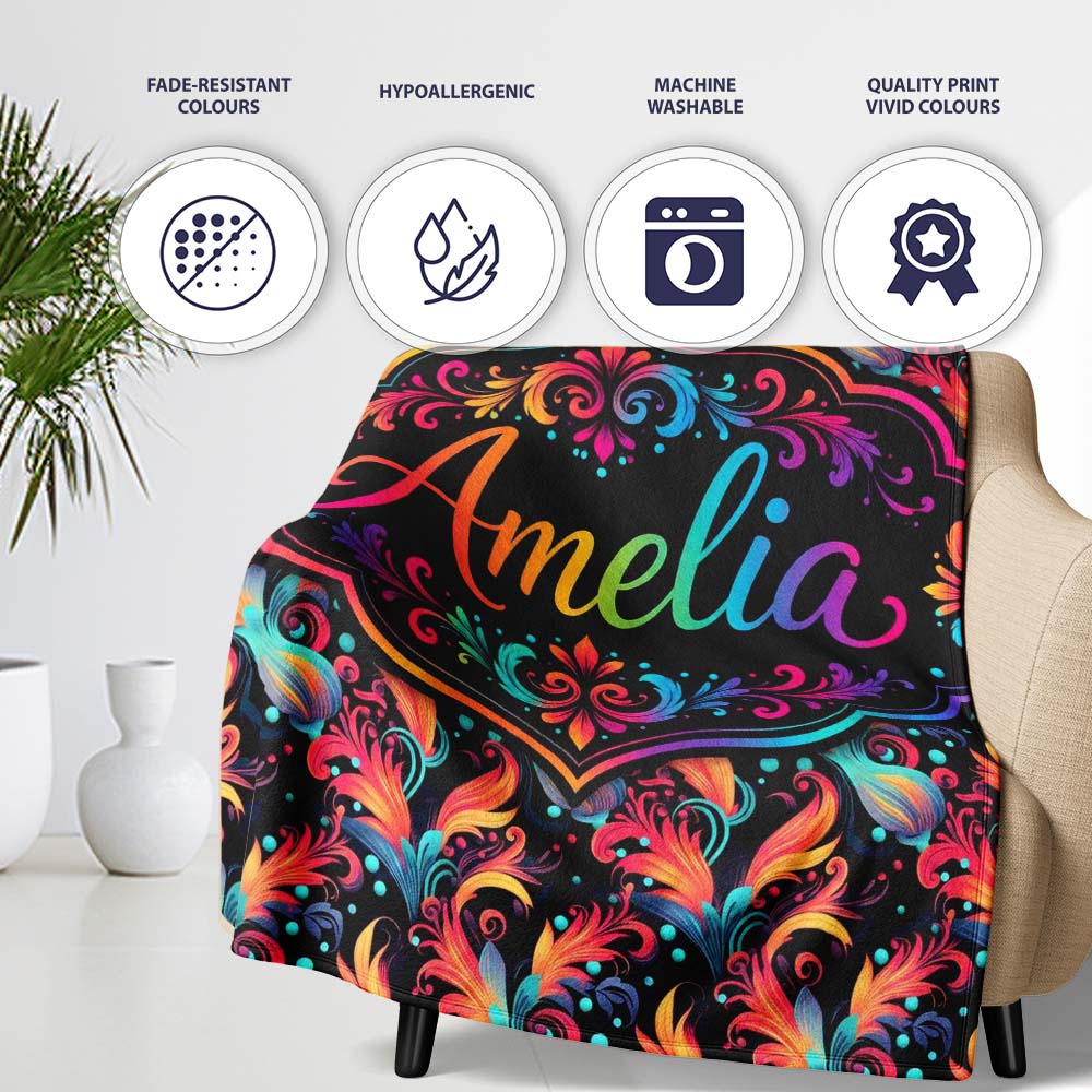 Colorful Abstract Feather Swirl Seamless Pattern on Dark Background Personalised Custom Name Super Soft Fleece Blanket Bed Sofa Throw