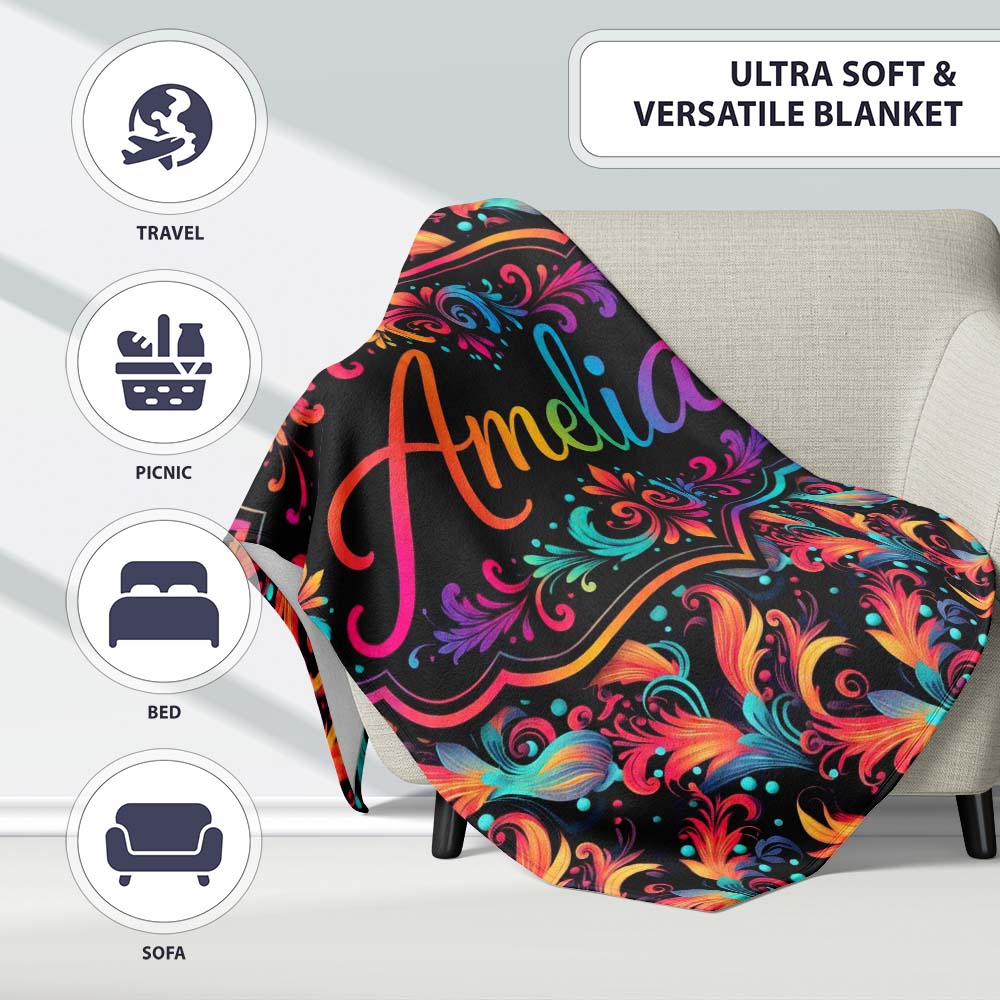 Colorful Abstract Feather Swirl Seamless Pattern on Dark Background Personalised Custom Name Super Soft Fleece Blanket Bed Sofa Throw