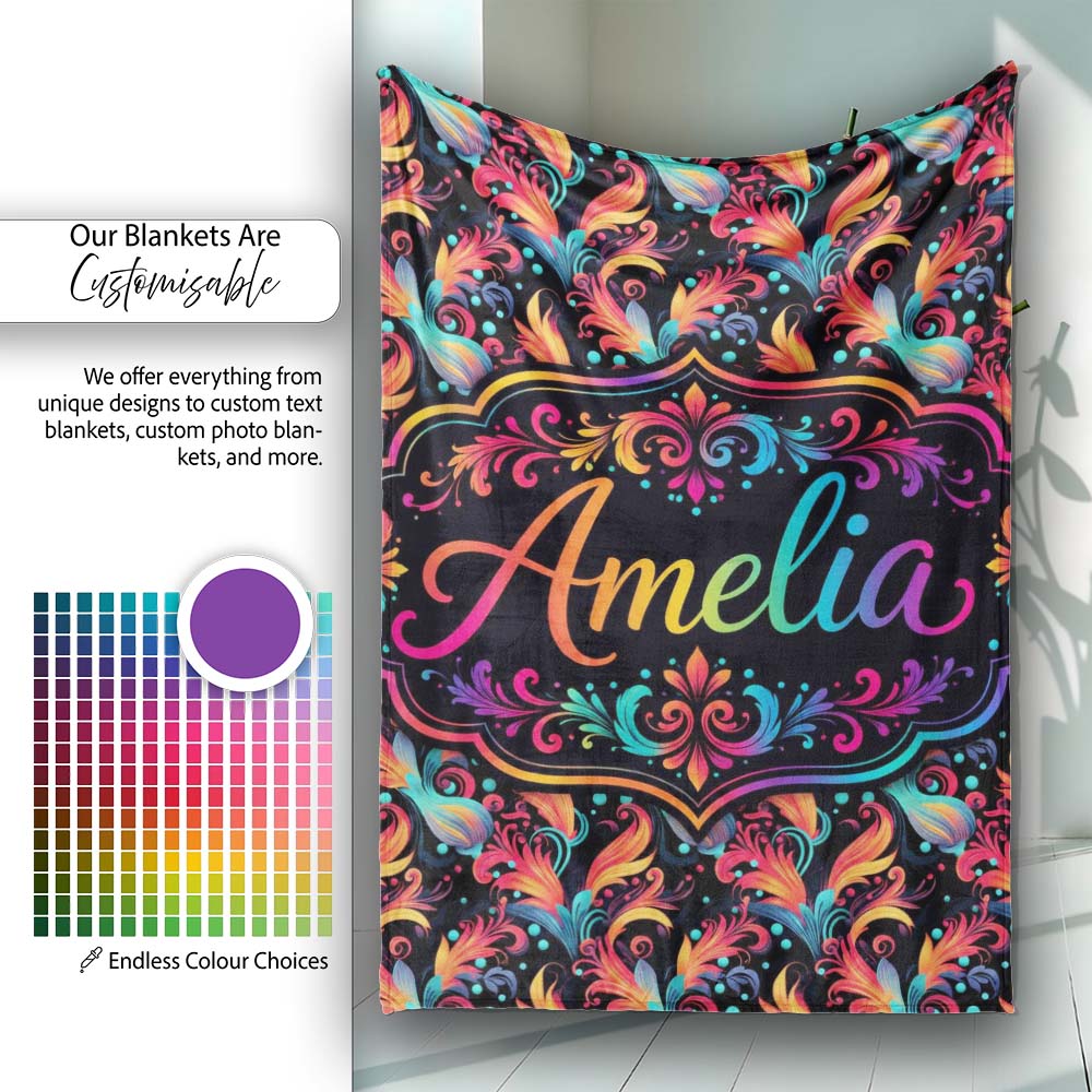 Colorful Abstract Feather Swirl Seamless Pattern on Dark Background Personalised Custom Name Super Soft Fleece Blanket Bed Sofa Throw