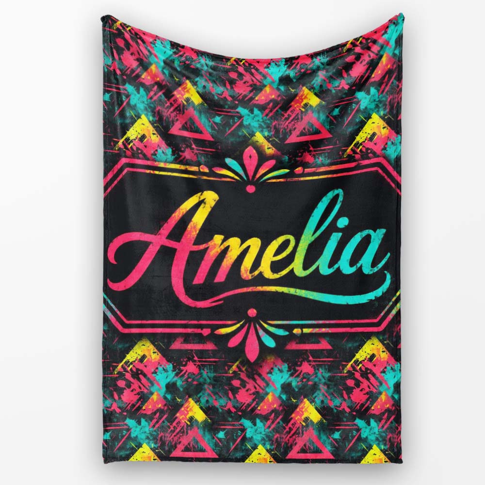 Bold Neon Grunge Triangle Splash Geometric Seamless Pattern Lovely Personalised Custom Name Super Soft Fleece Blanket Bed Sofa Throw