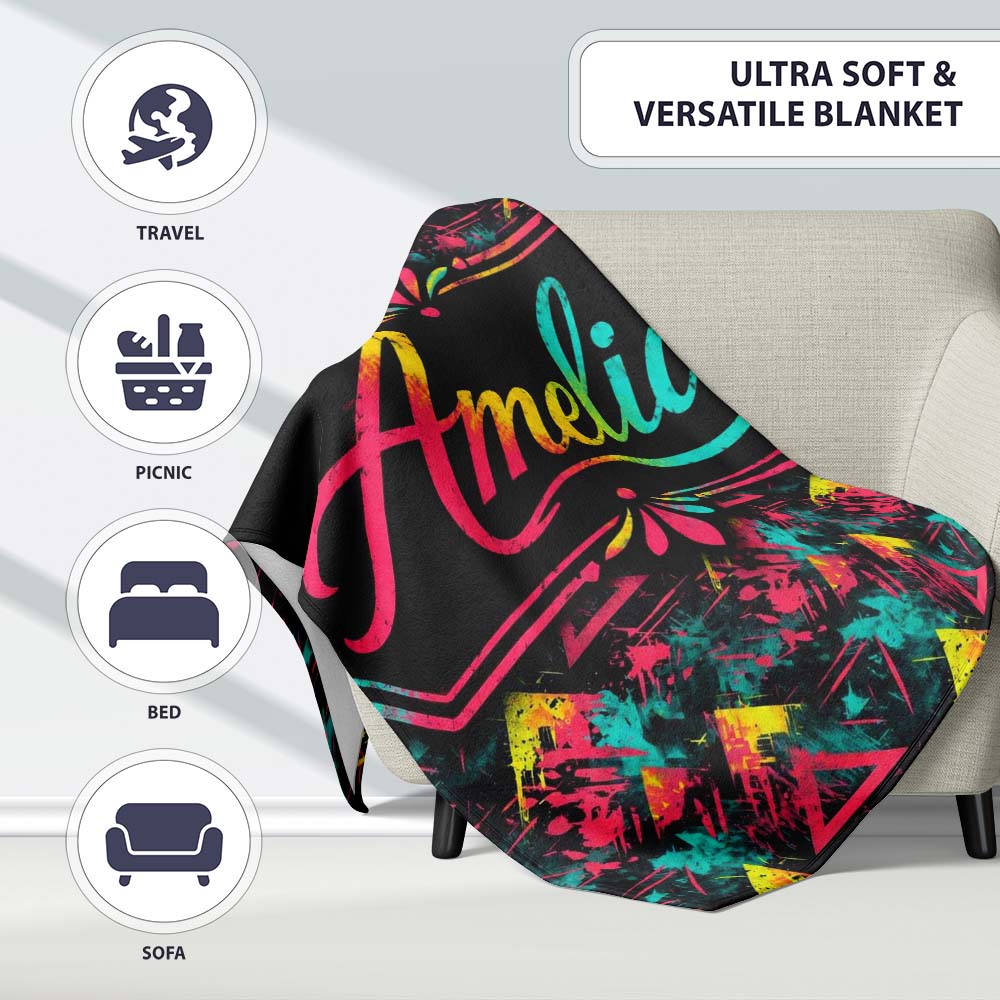 Bold Neon Grunge Triangle Splash Geometric Seamless Pattern Lovely Personalised Custom Name Super Soft Fleece Blanket Bed Sofa Throw