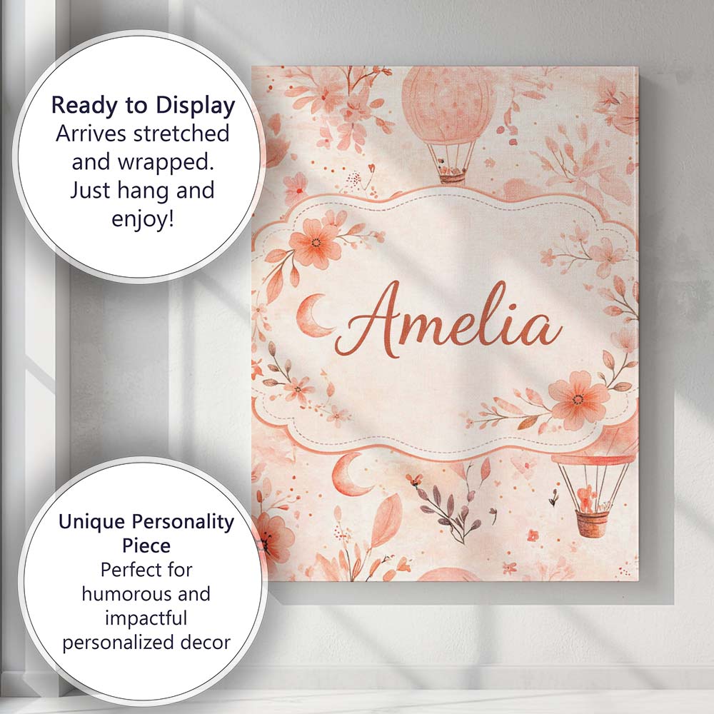 Personalised Name Coral Floral Hot Air Balloon Nursery Pattern Custom Modern Room Accent Canvas Wall Art Print Decor Picture Ready to Hang