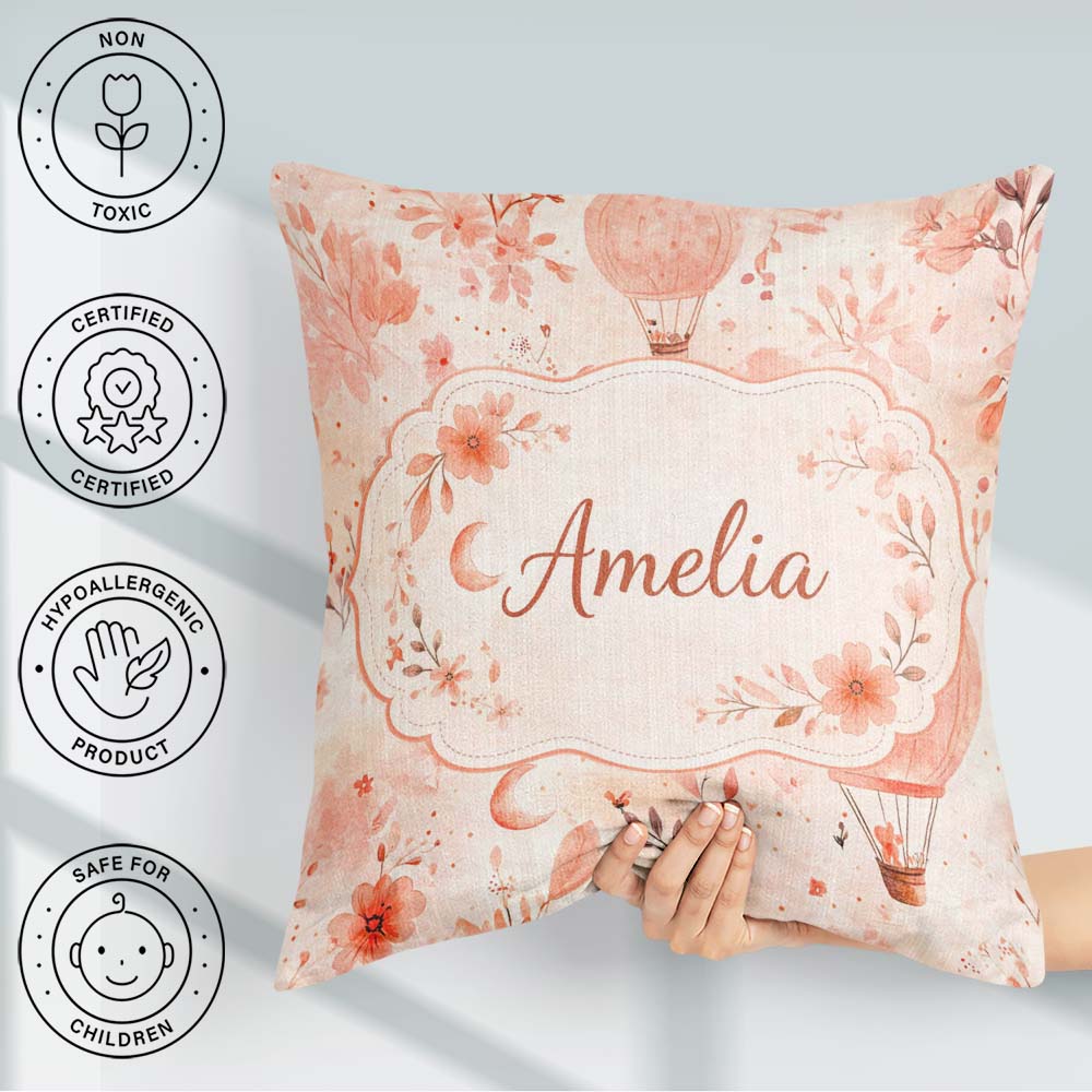 Custom Name Coral Floral Hot Balloon Nursery Pattern Watercolour Square Filled Cushion Throw Pillow Sofa Bed Home Decor Zip Washable UK Made