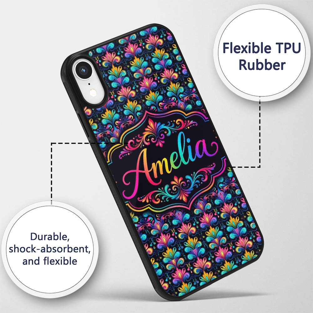 Bright Psychedelic Floral Scroll Damask Seamless Custom Name Protective Phone Case Mobile Cover Durable Everyday Smartphone Shock Resistant