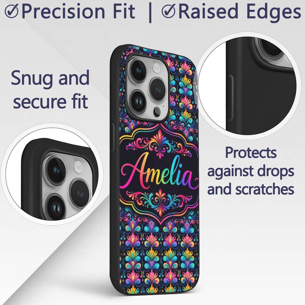 Bright Psychedelic Floral Scroll Damask Seamless Custom Name Protective Phone Case Mobile Cover Durable Everyday Smartphone Shock Resistant