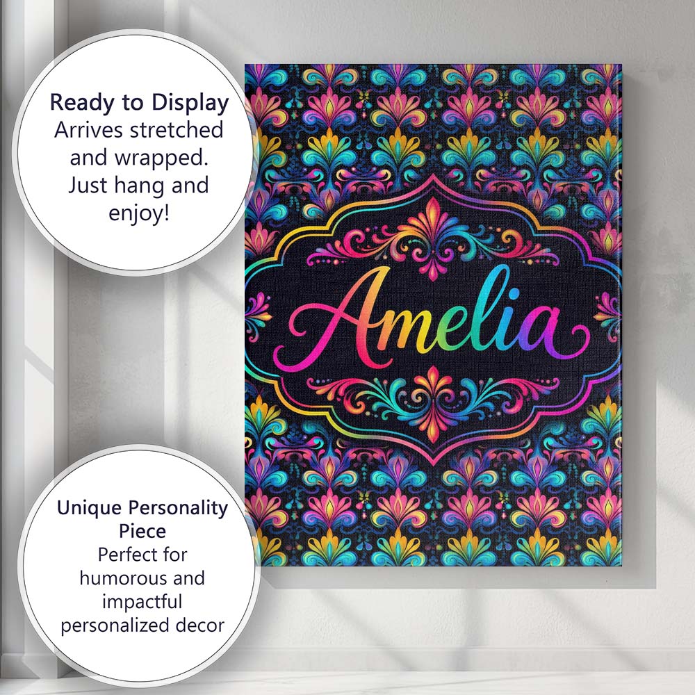Personalised Name Bright Psychedelic Floral Custom Bespoke Interior Contemporary Canvas Wall Art Print Decor Picture Ready to Hang
