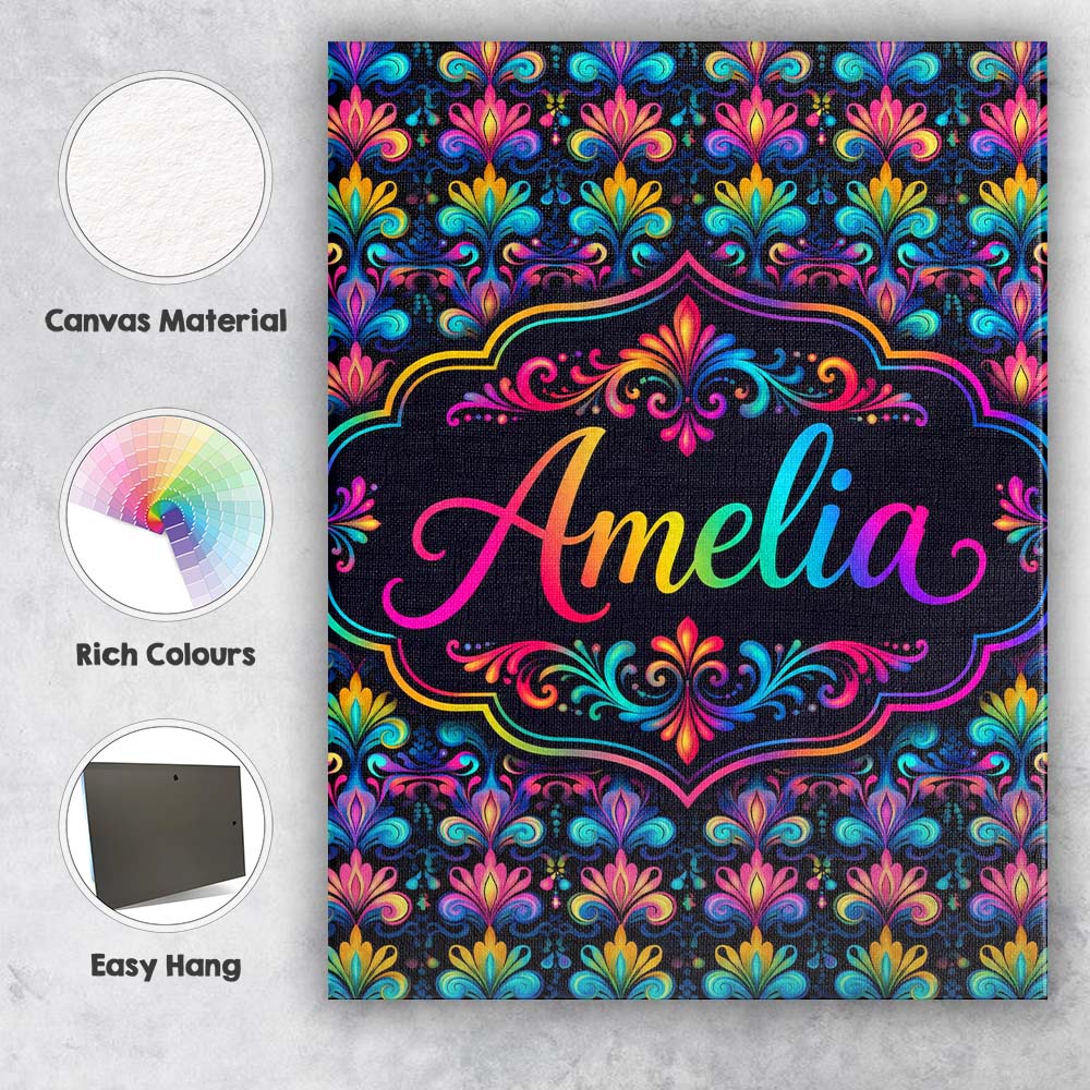 Personalised Name Bright Psychedelic Floral Custom Bespoke Interior Contemporary Canvas Wall Art Print Decor Picture Ready to Hang