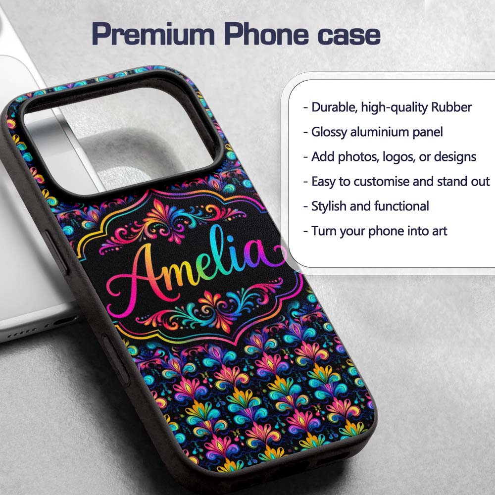 Bright Psychedelic Floral Scroll Damask Seamless Custom Name Protective Phone Case Mobile Cover Durable Everyday Smartphone Shock Resistant