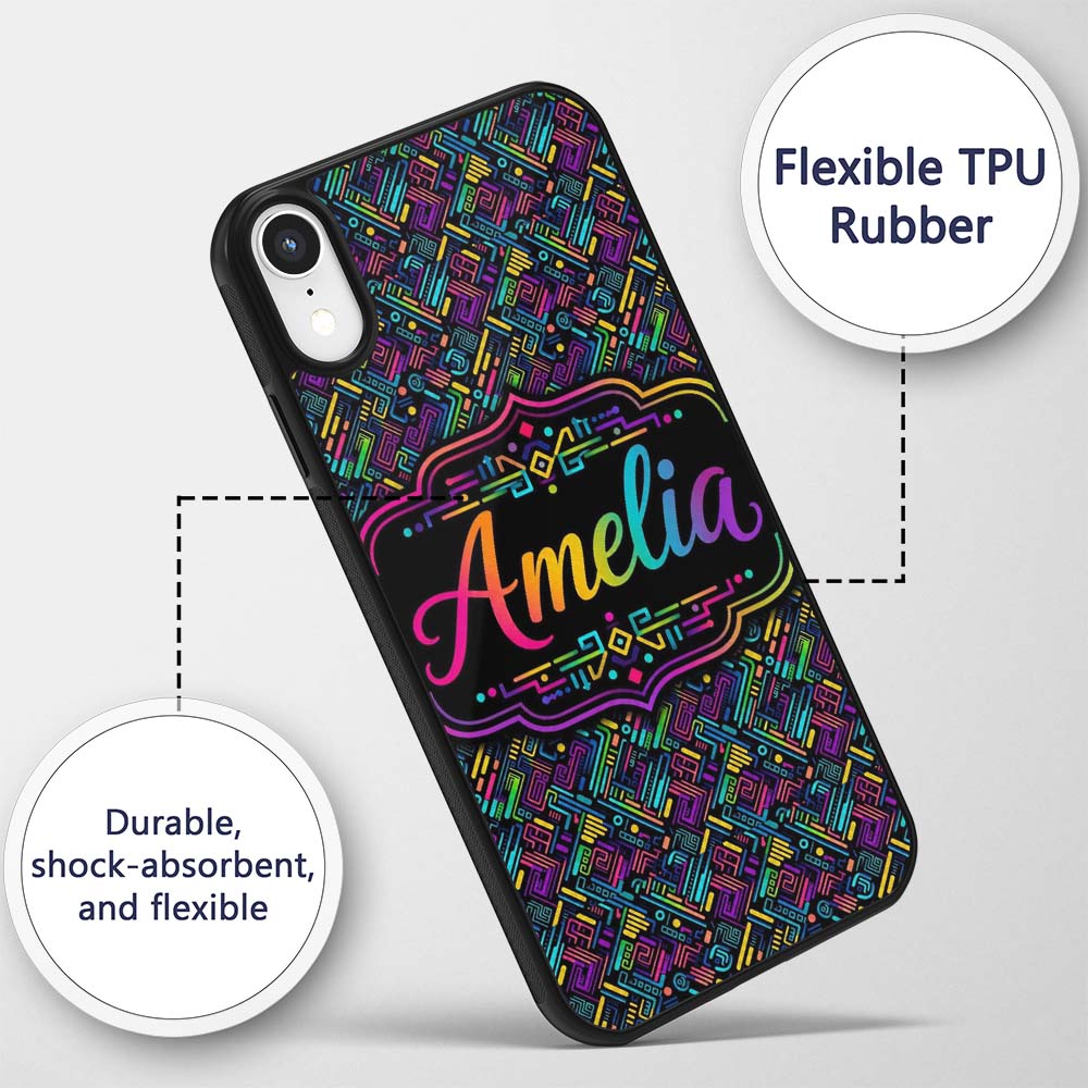 Modern Neon Circuit Board Geometric Seamless Custom Name Protective Phone Case Mobile Cover Durable Everyday Smartphone Shock Resistant