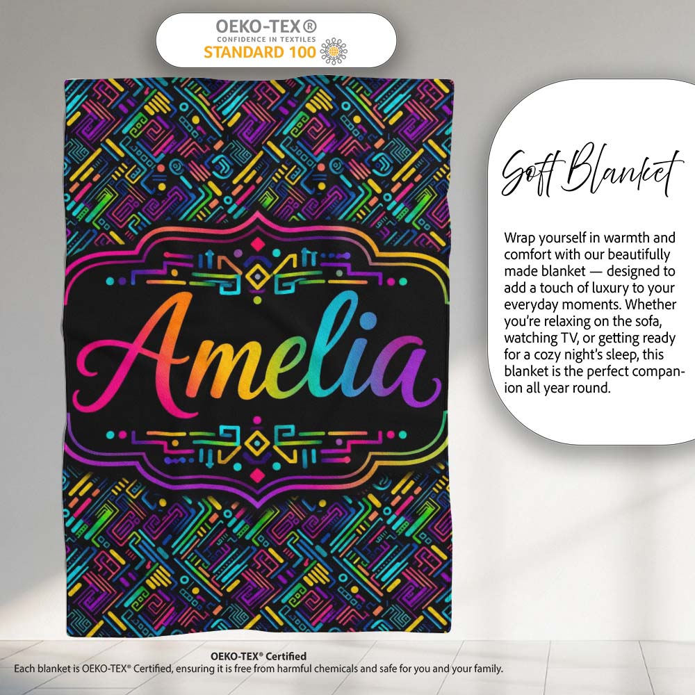 Modern Neon Circuit Board Geometric Seamless Pattern Lovely Personalised Custom Name Super Soft Fleece Blanket Bed Sofa Throw