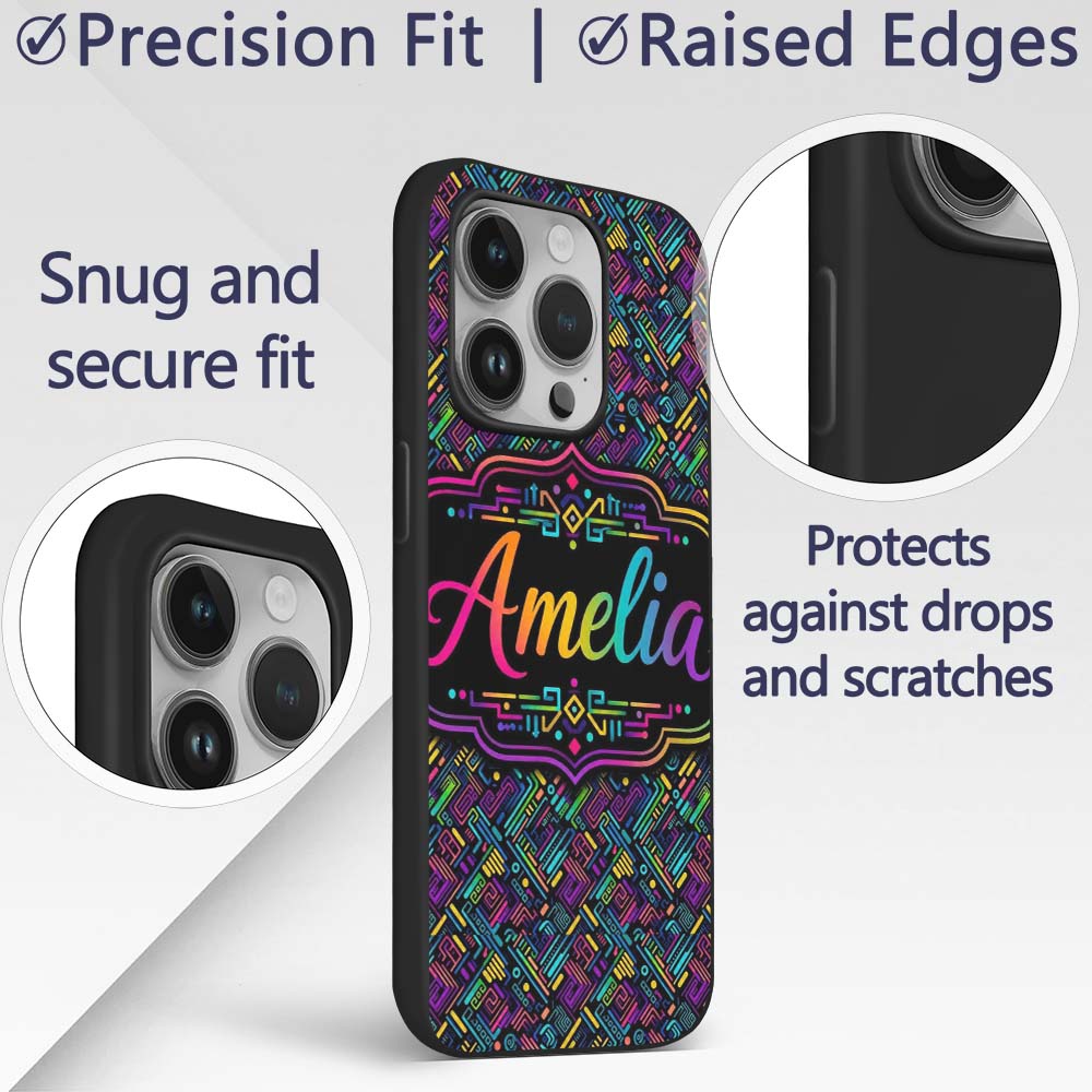 Modern Neon Circuit Board Geometric Seamless Custom Name Protective Phone Case Mobile Cover Durable Everyday Smartphone Shock Resistant