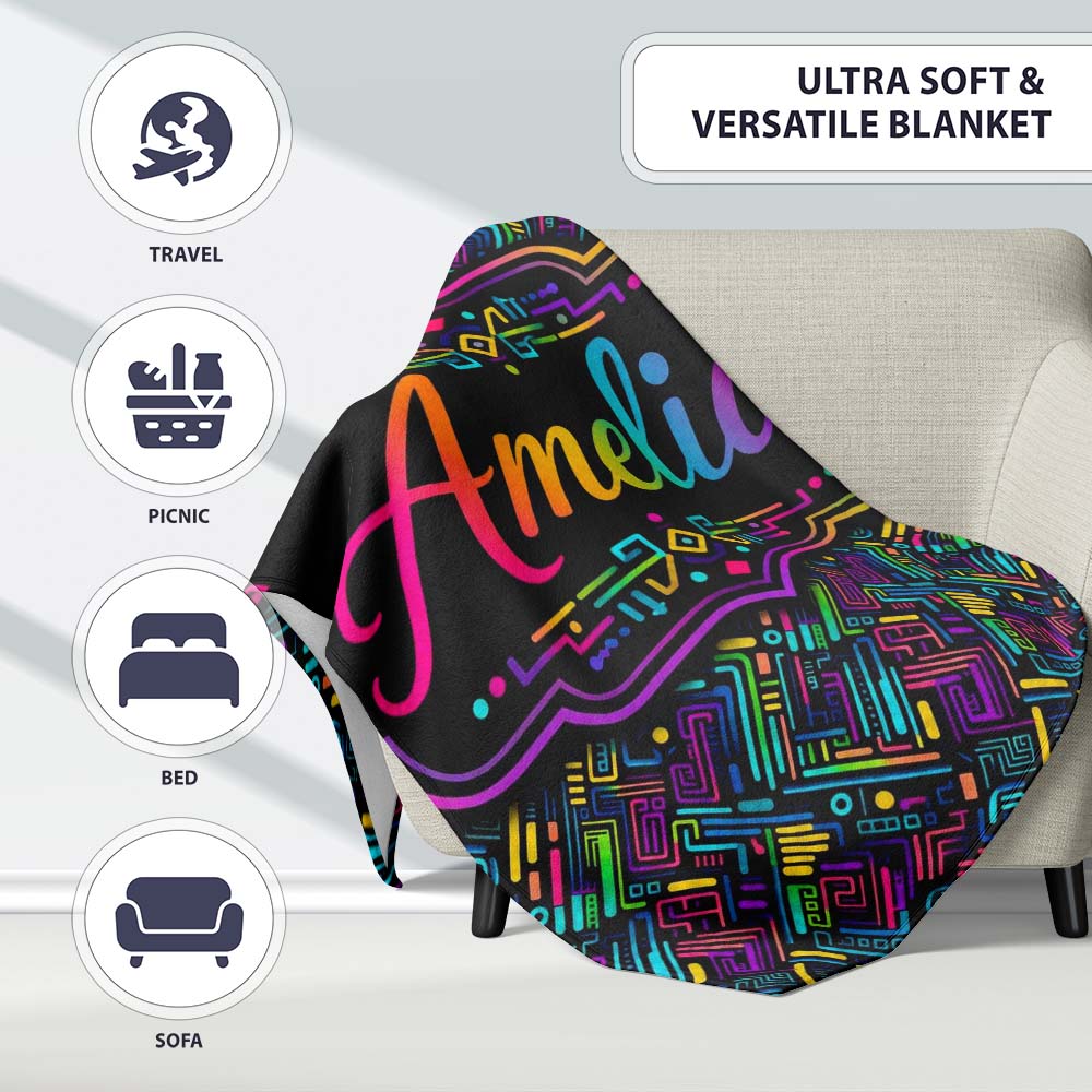 Modern Neon Circuit Board Geometric Seamless Pattern Lovely Personalised Custom Name Super Soft Fleece Blanket Bed Sofa Throw