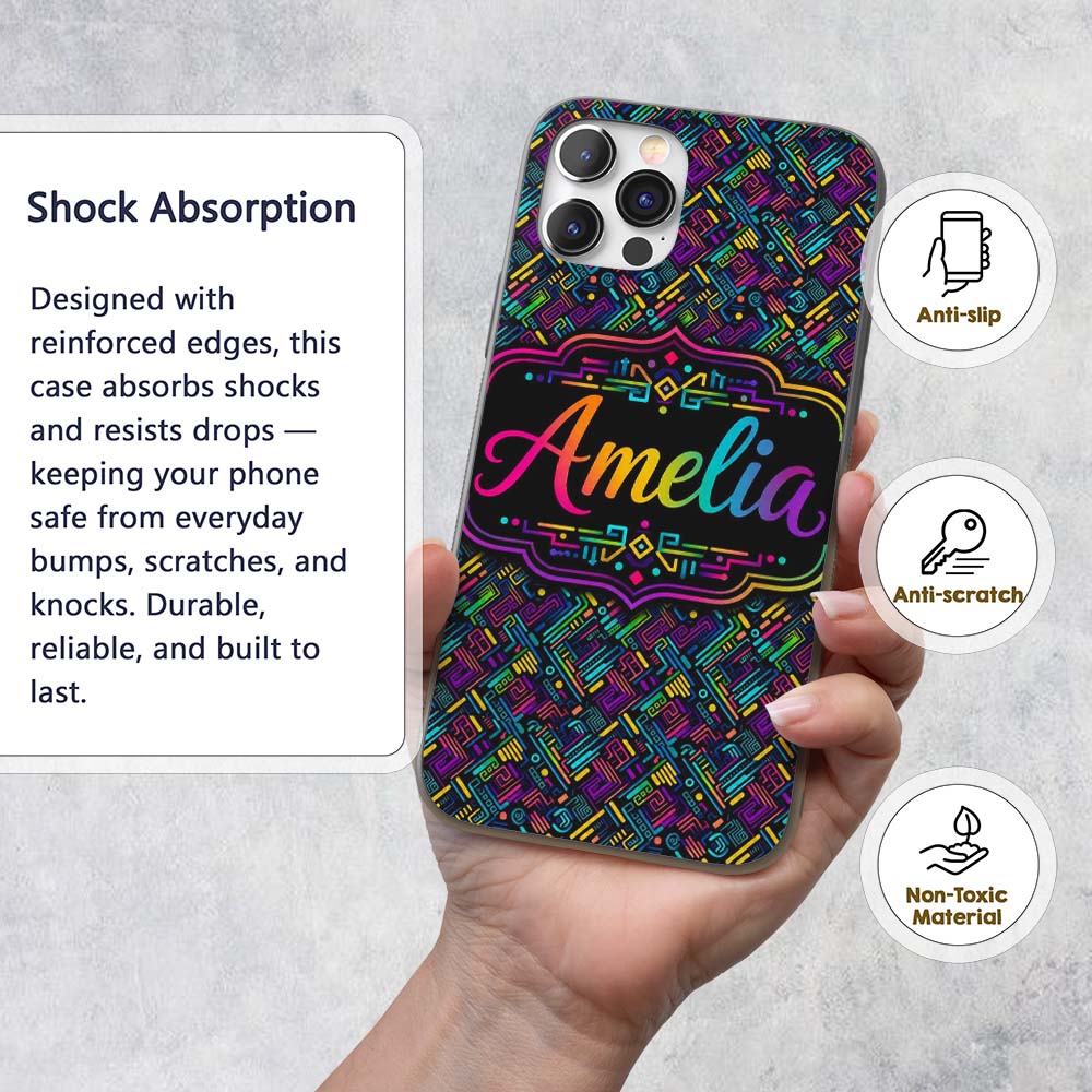 Modern Neon Circuit Board Geometric Seamless Custom Name Protective Phone Case Mobile Cover Durable Everyday Smartphone Shock Resistant
