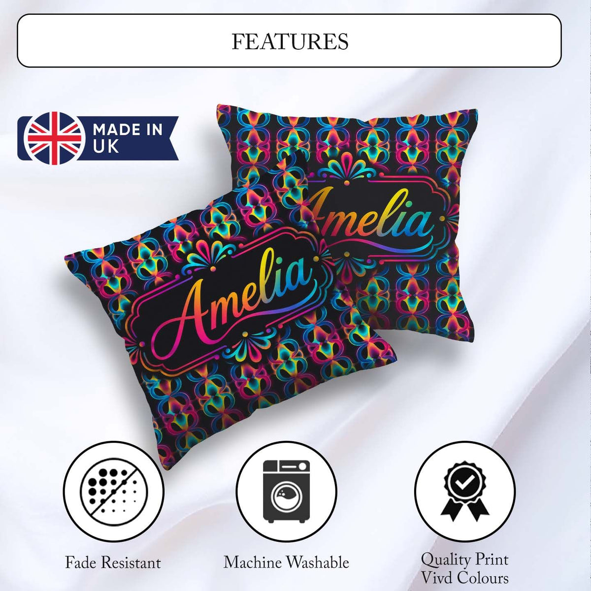 Custom Name Psychedelic Loop Gradient Geometric Seamless Pattern Square Filled Cushion Throw Pillow Sofa Bed Home Decor Zip Washable UK Made